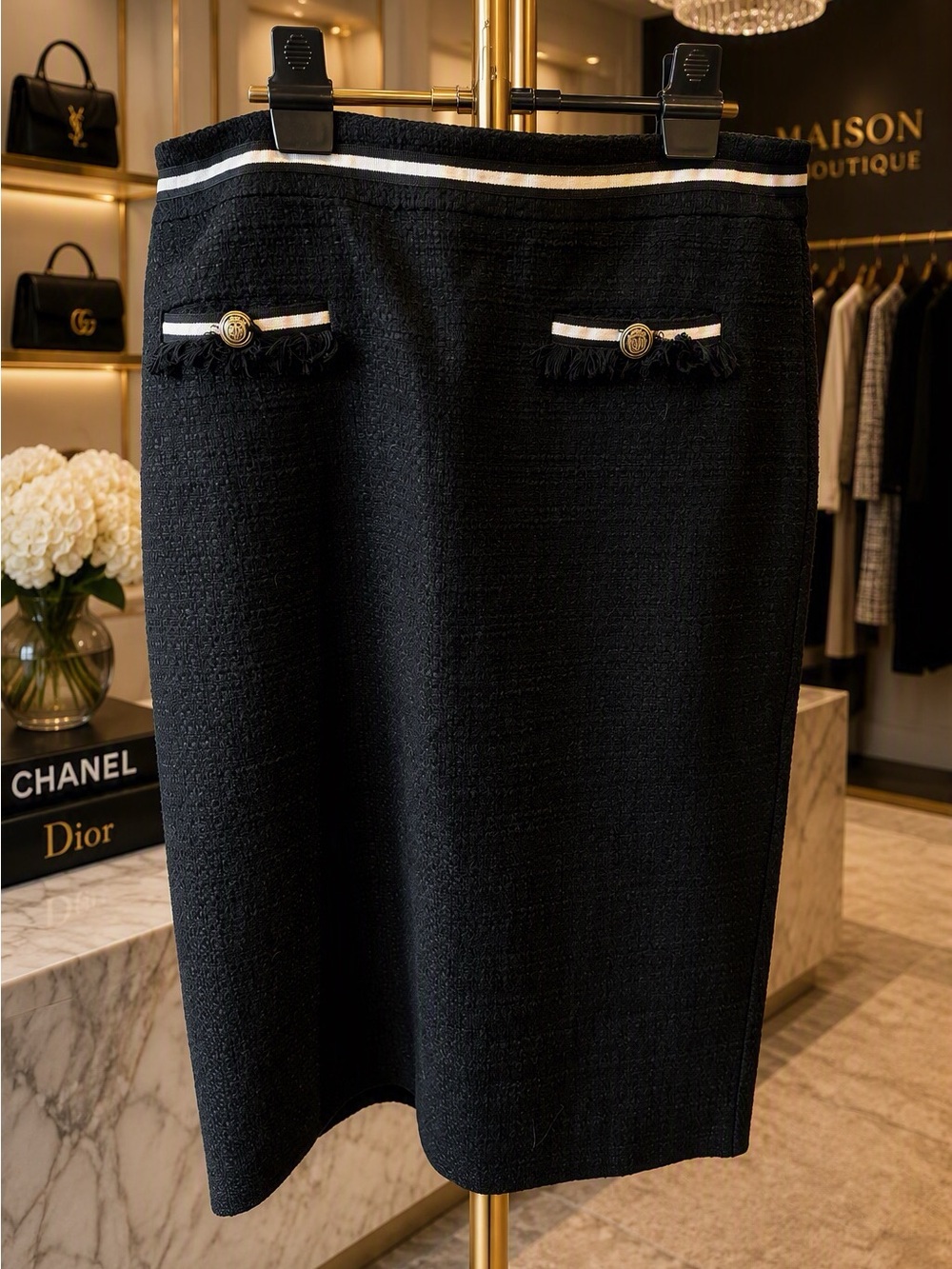 Talbots Black Tweed Pencil Skirt with White Trim and Gold Buttons